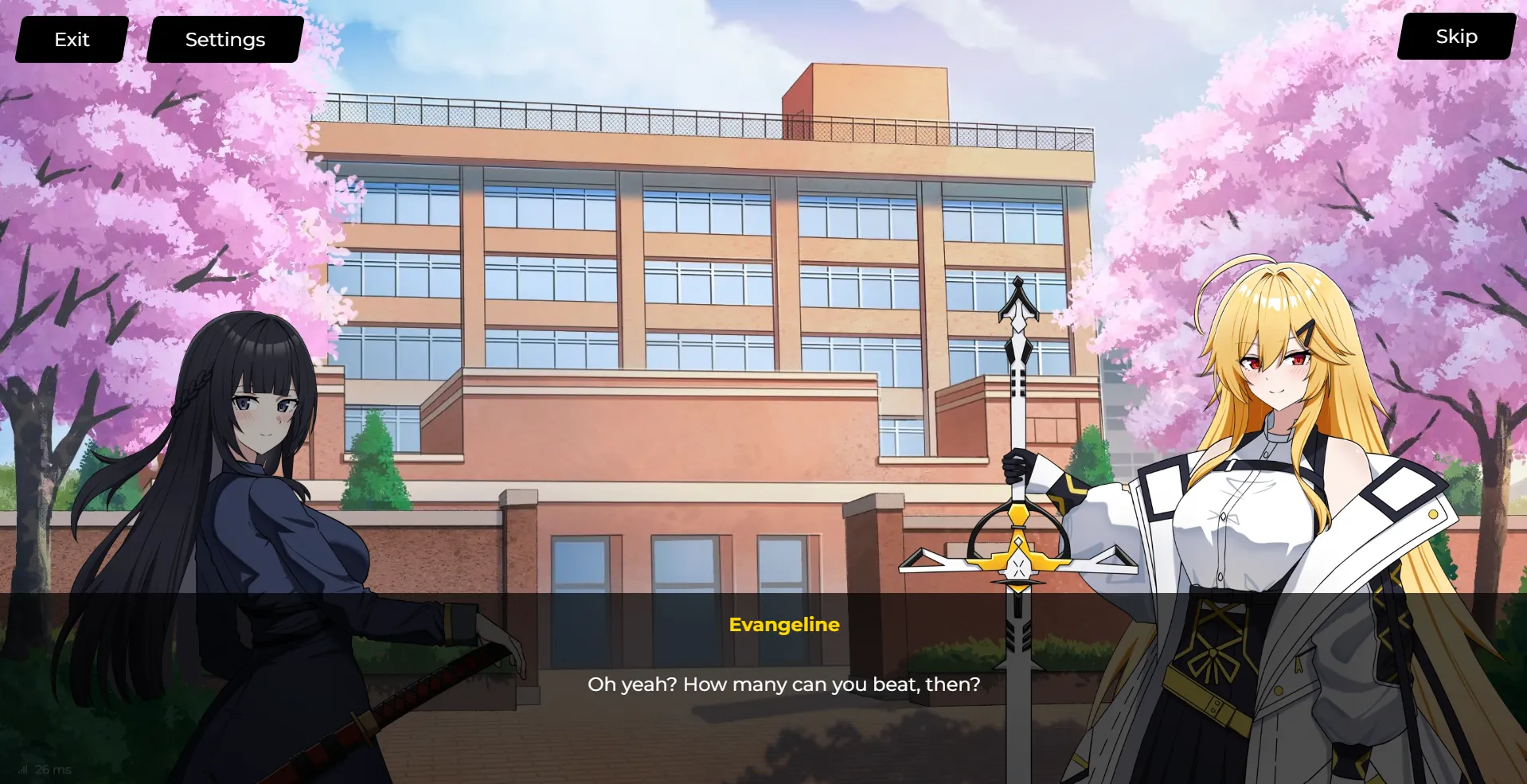 Evangeline and Yuuko talking in front of the school